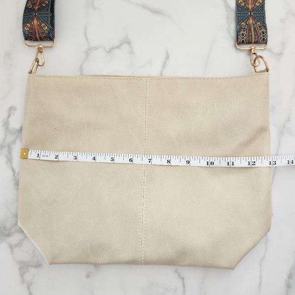 Unisex Creamy White Pu Leather Tote Bag with Patterned Boho Strap - Picture 13 of 14